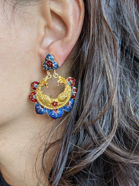 Colourful Indian earrings Meenakari peacock shape