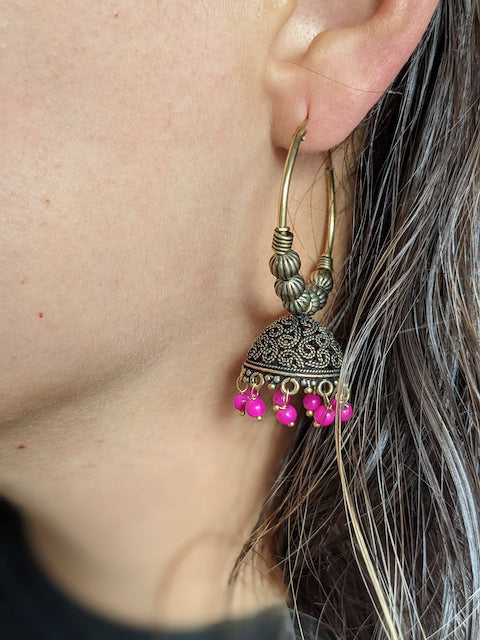 Hoop earrings Jhumki style with fuchsia beads