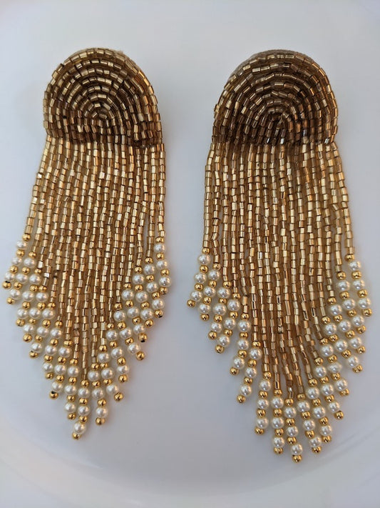 earrings with gold beads and pearl white crystals. Waterfall shape