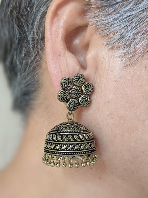 Jhumka style earrings oxidised gold luzwithoutfrontiers.com