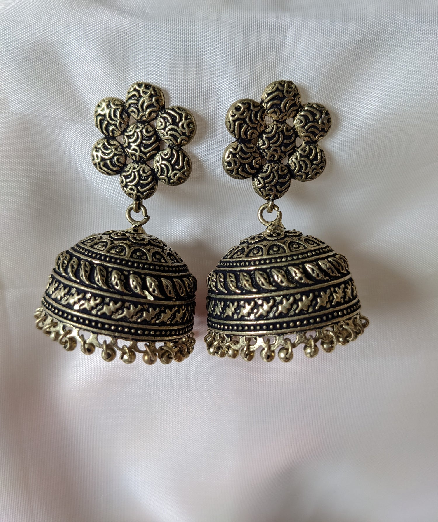 Jhumka style earrings oxidised gold luzwithoutfrontiers.com