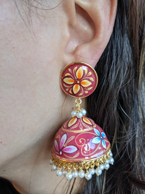 Jhumka style earrings with colourful hand-painted flowers luzwithoutfrontiers.com