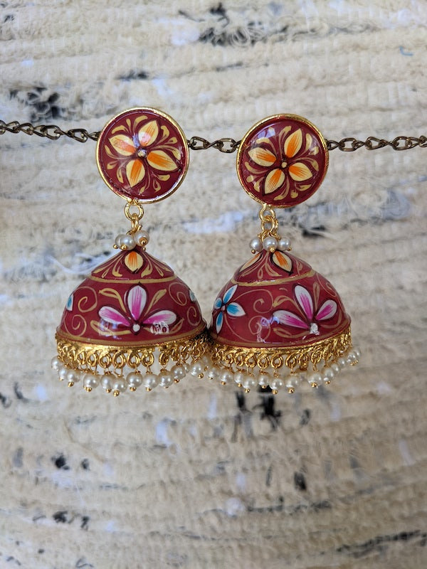 Jhumka style earrings with colourful hand-painted flowers luzwithoutfrontiers.com