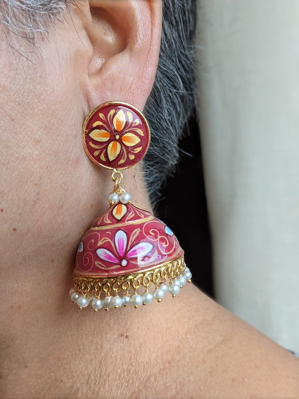 Jhumka style earrings with colourful hand-painted flowers luzwithoutfrontiers.com