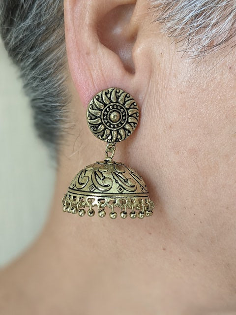 Sun shape Jhumki style earrings with relief details luzwithoutfrontiers.com