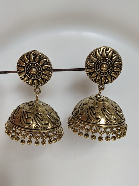 Sun shape Jhumki style earrings with relief details luzwithoutfrontiers.com