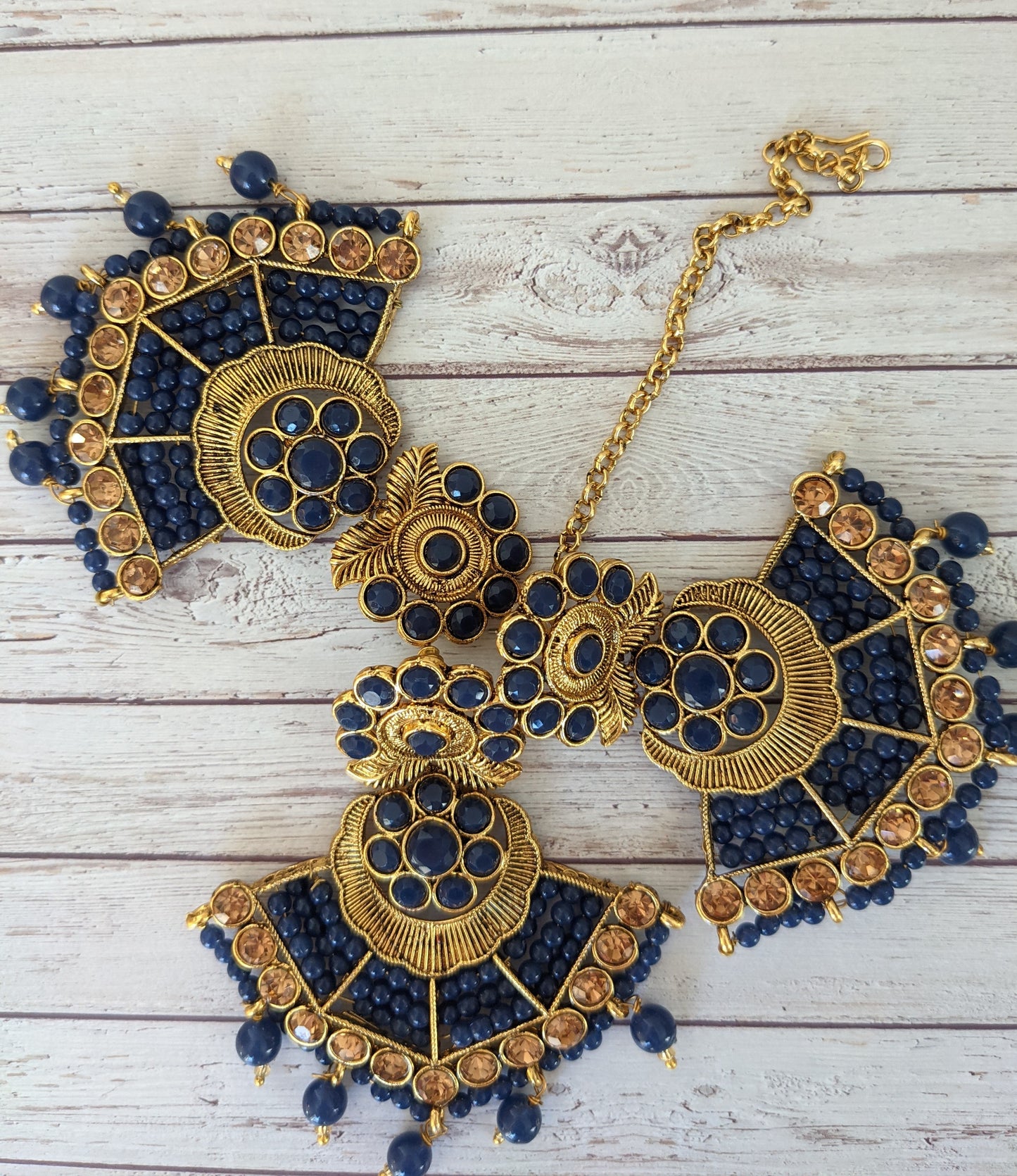 Blue Fan shaped earrings with beads and matching Maang Tikka