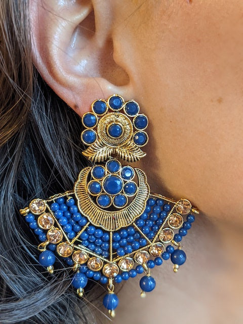 Fan shaped earrings with beads and matching Maang Tikka