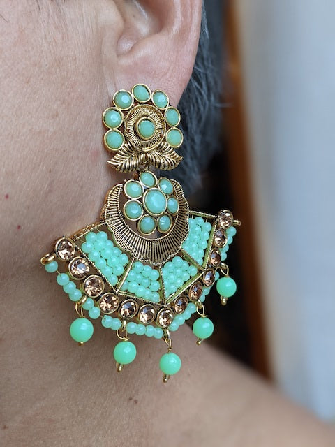 Fan shaped earrings with beads and matching Maang Tikka