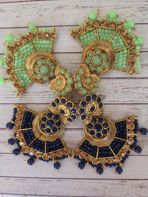 Fan shaped earrings with beads and matching Maang Tikka